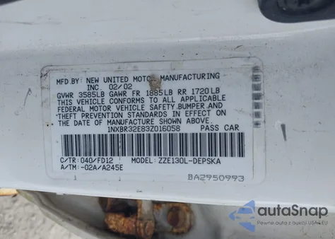 2003 Toyota Corolla S z USA, uszkodzony, nr VIN 1NXBR32E83Z016058